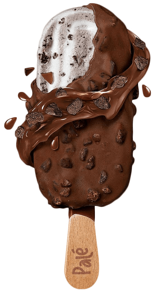 A Palé cookies-and-cream gelato paleta dipped in dark chocolate, on a wooden stick branded Palé
