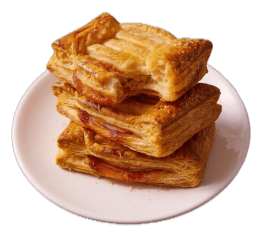 Una pila de strudels dorados y hojaldrados rellenos de fruta en un plato pequeño